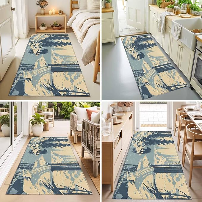 Runner Rug for Bedroom Hallway, Winter Bear Evergreen Trees Kitchen Runner Rugs Area Rug 2x6ft, Rustic Snow River Washable Soft Floor Carpet for Entryway Stair