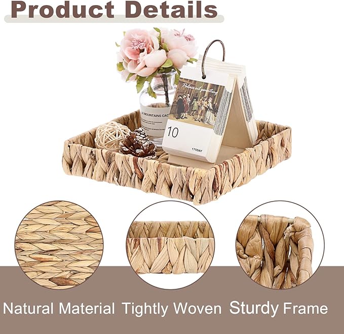 Natural Water Hyacinth Tray Handwoven Wicker Basket Tray for Decoration Square Serving Tray for Coffee Table Living Room Kitchen, 8.5" x 8.5" x 1.6"