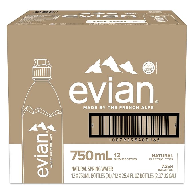 evian Natural Spring Water, 750 ml (25.36 fluid ounce) Water Bottle with Sports Cap, 12 Pack