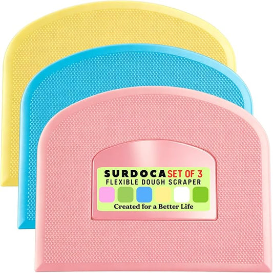 SURDOCA Dough Scraper Bench Scraper - 3P 13x7.9" Plastic Flexible Bowl Scraper, Sharp Edge & Angles Cake Scraper. Non-Slip Bakeware Decorating Tools Sculpting & Modeling Tools - Blue+Yellow+Pink