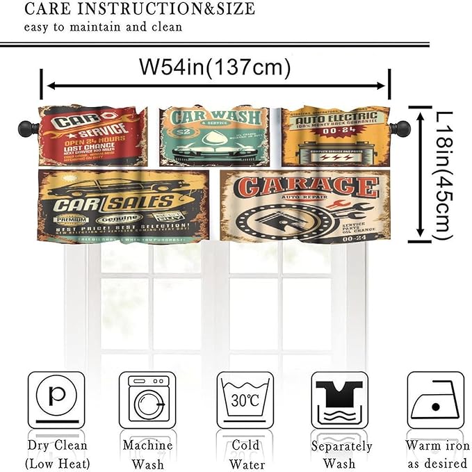 Vintage Valances Curtains Nostalgic Art Auto Service Garage Funk Style Highway Logo Repair Road Grunge Design Windows Short Curtain Valance for Kitchen Bedroom with Rod Pocket, 1 Panel 54X18 Inches