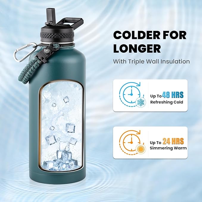 RAYMYLO Insulated Water Bottle 87 oz, Triple Wall Vacuum Stainless Steel (Cold for 48 Hrs), Leak Proof & Non-BPA, Modern Water Flask Jug with Paracord Handle & Straw Spout Lids, Dark Green