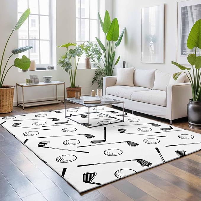 Area Rug 4x6ft, Golf Club Ball Seamless Pattern Washable Rugs for Living Room Bedroom, Modern Minimalist Art Soft Non-Slip Area Rugs Rectangle Floor Carpet for Dining Room