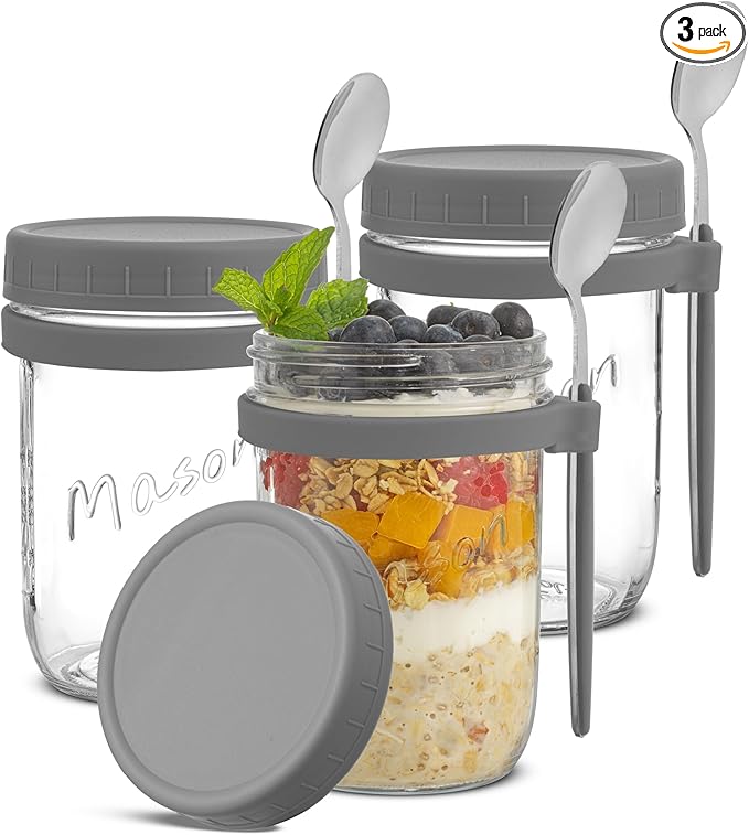 JoyJolt 3-Pack Overnight Oats Containers with Lids and Spoons Set, 16 oz Mason Jars for Overnight Oats, Chia Pudding Jars with Lids - BPA-Free, Leak Proof Small Containers for Meal Prep