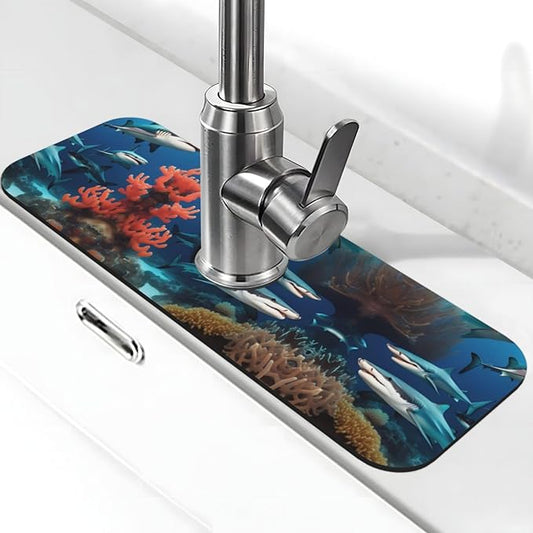 Submarine Shark Coral Printed Faucet Absorbent mat, Suitable for bathrooms, Kitchens, and Other Sink Areas.
