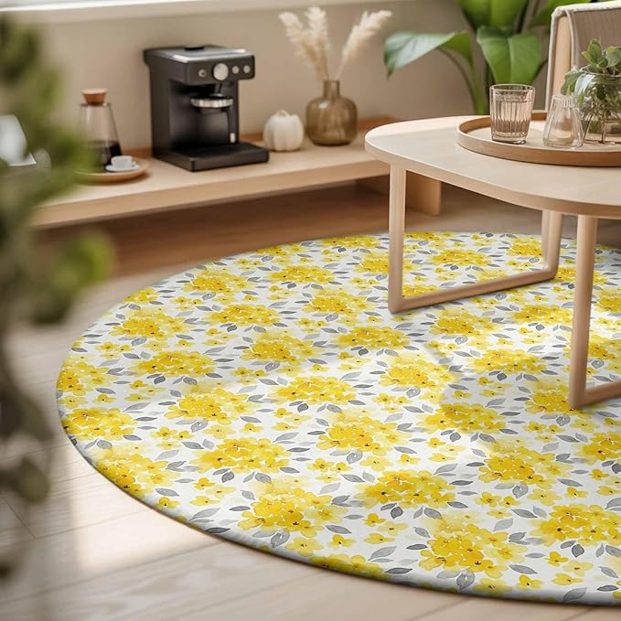Washable Round Area Rug Summer Pastoral Yellow Flower Circle Rugs Floor Carpet for Living Room Bedroom, Country Floral Leaf Theme Soft Non Slip Round Rug 3ft