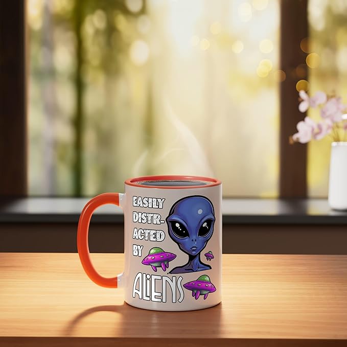 Easily Distracted By Aliens Funny Sci Fi Apparel Design Ceramic Mug, Orange/White