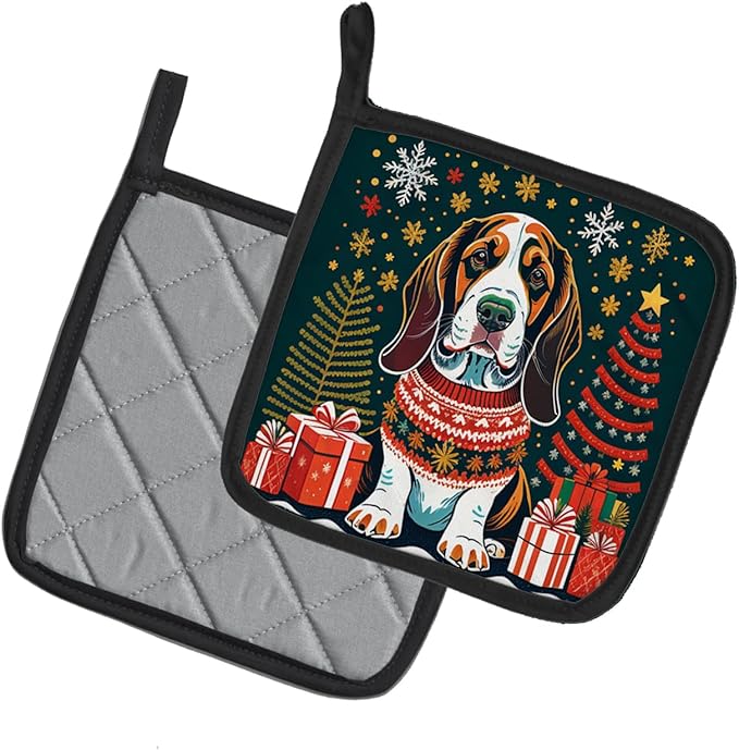 Caroline's Treasures Basset Hound Christmas Pair of Pot Holders Kitchen Heat Resistant Pot Holders Sets Oven Hot Pads for Cooking Baking BBQ, 7 1/2 x 7 1/2