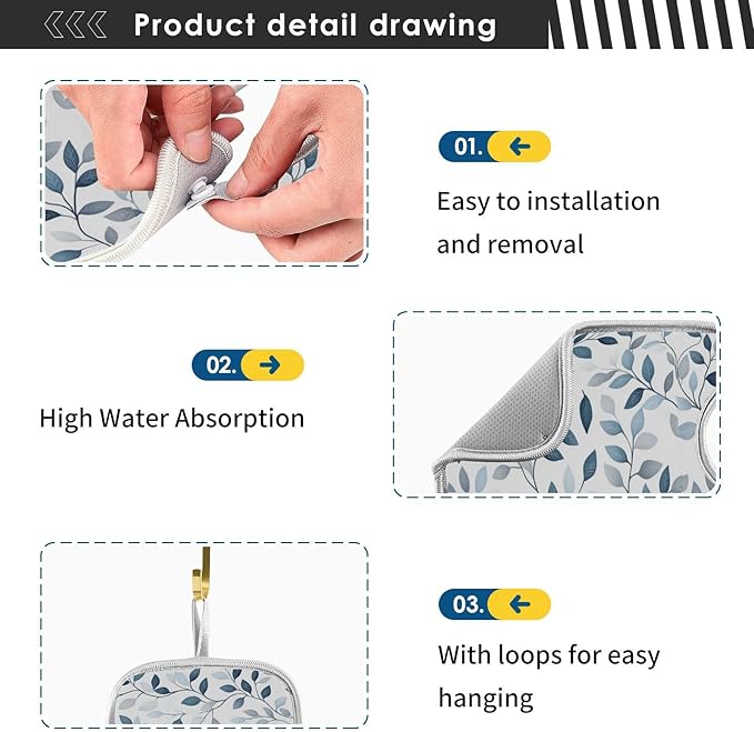 Kitchen Faucet Absorbent Mat,Green Gray Leaf Water Splash Guard for Sink, Faucet Drip Catcher Thicken Sponge Microfiber Faucet Water Catcher Mat Sink Absorbent Mat for Kitchen 14x5in 2 Pack