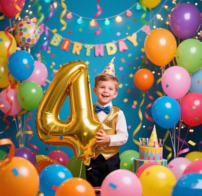Gold 4 Balloon Number for 4th Birthday Decorations, 40 Inch Big Number Balloons for 4 14 40 Anniversaries Celebration Graduation Wedding
