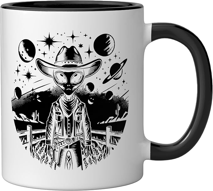 Alien Lover Flying Saucer UFO Extraterrestrial Cowboy Ceramic Mug, Black/White