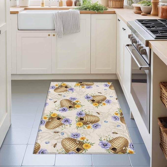 Area Rug 2x3ft, Garden Beehives Honeybees Washable Rugs for Living Room Bedroom, Country Purple Floral Soft Non-Slip Area Rugs Rectangle Floor Carpet for Dining Room