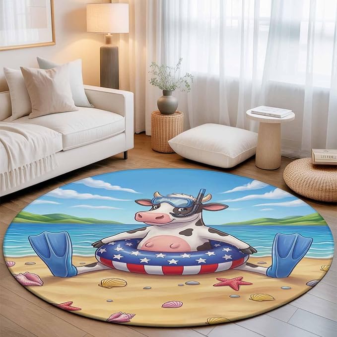 Washable Round Area Rug Summer Beach Snorkeling Cow Circle Rugs Floor Carpet for Living Room Bedroom, Ocean Starfish Funny Animal Art Soft Non Slip Round Rug 3ft