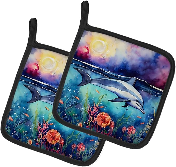 Caroline's Treasures Dolphin Pair of Pot Holders Kitchen Heat Resistant Pot Holders Sets Oven Hot Pads for Cooking Baking BBQ, 7 1/2 x 7 1/2