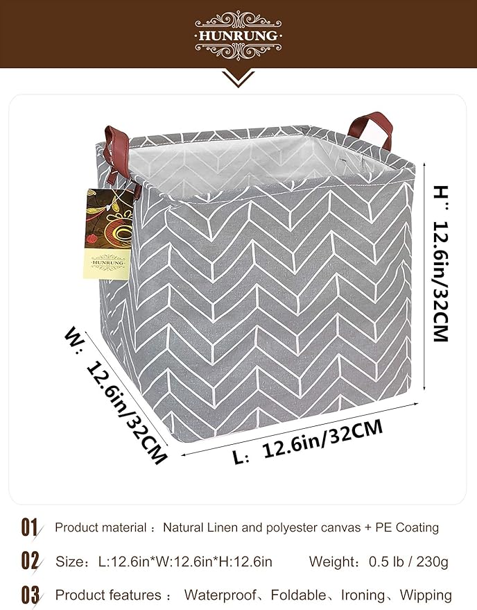 HUNRUNG Square Storage Bins Nursery Hamper Canvas Laundry Basket Foldable with Waterproof Nursery Boxes for Shelves/Gift Baskets/Toy Organizer/Office, Bedroom (Square-Grey wheat)