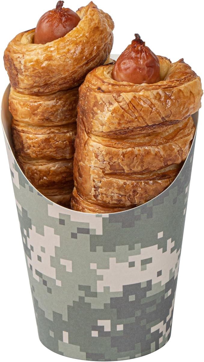 Restaurantware-Bio Tek 12 Ounce French Fry Containers, 100 Disposable Charcuterie Cups - Incline Design, Round, Camouflage Paper French Fry Cups, Stackable, For Waffles, Chips, or Popcorn