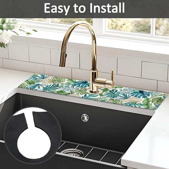 24" X 5.5" Kitchen Sink Splash Guard Faucet Mat Leaf Super Absorbent Fast Drying Faucet Guard & Draining Mat Sink Splash Guard Behind Faucet for Kitchen, Bathroom