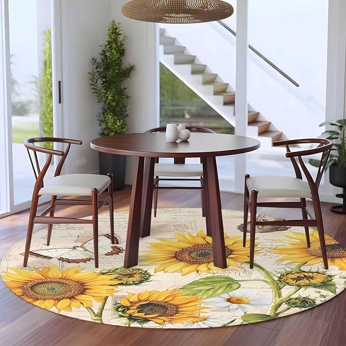 Sunflower Farmhouse 8ft Round Rug, Retro Floral Butterflies Non-Skid Rubber Backing Large Area Rugs - Living Room Bedroom Home Office, Spring Summer Indoor Floor Mat Carpets Washable Rug