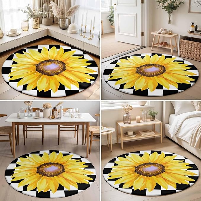 Washable Round Area Rug Watercolor Sunflower on Checkered Circle Rugs Floor Carpet for Living Room Bedroom, Yellow Black White Soft Non Slip Round Rug 3ft