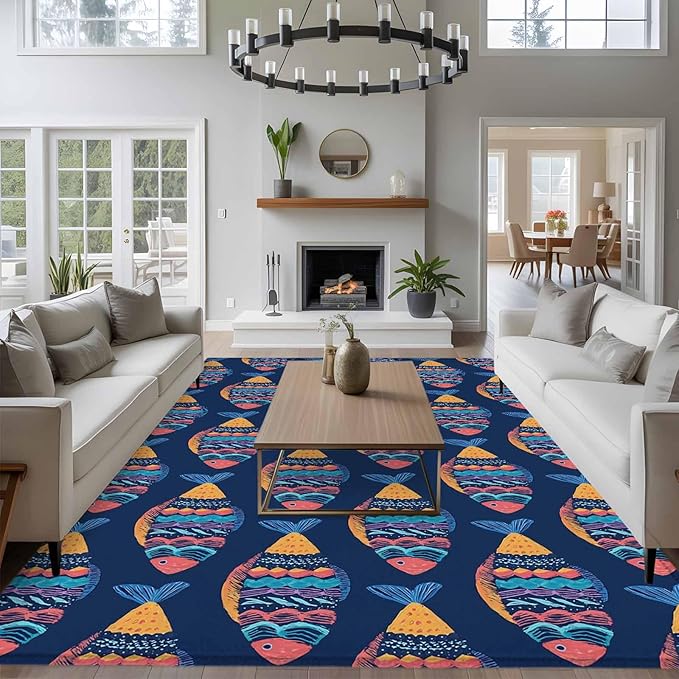 Area Rug 6x9ft, Ethnic Style Ocean Fish Washable Rugs for Living Room Bedroom, Watercolor Marine Life on Navy Blue Soft Non-Slip Area Rugs Rectangle Floor Carpet for Dining Room