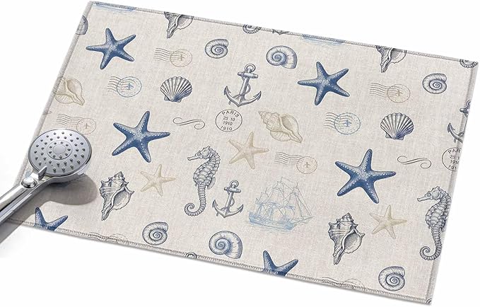 Area Rug 2x3ft, Coastal Seahorse Starfish Shell Conch Washable Rugs for Living Room Bedroom, Vintage Nautical Anchor Soft Non-Slip Area Rugs Rectangle Floor Carpet for Dining Room