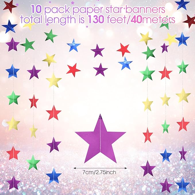 Patelai 130 Feet Glitter Star Garland Banner 2026 Party Decoration Double Side Star Hanging String Streamer Paper Twinkle for Graduation Wedding Birthday (Green,Blue,Purple,Red,Gold)