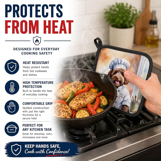 Caroline's Treasures Labradoodle The Chef Pair of Pot Holders Kitchen Heat Resistant Pot Holders Sets Oven Hot Pads for Cooking Baking BBQ, 7 1/2 x 7 1/2