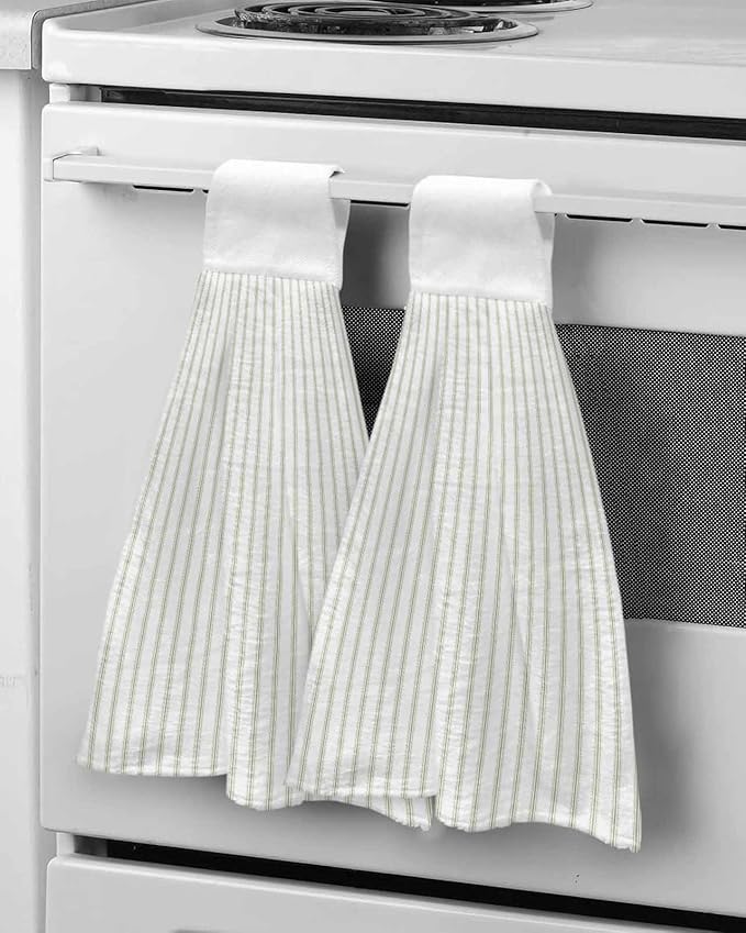 Alandar Home Kitchen Tie Towel Set of 2, Sage Green Striped on White Art Absorbent Soft Hand Towels for Bathroom Hanging Towels, Minimalist Modern Texture Fast Drying Cleaning Cloth with Loop