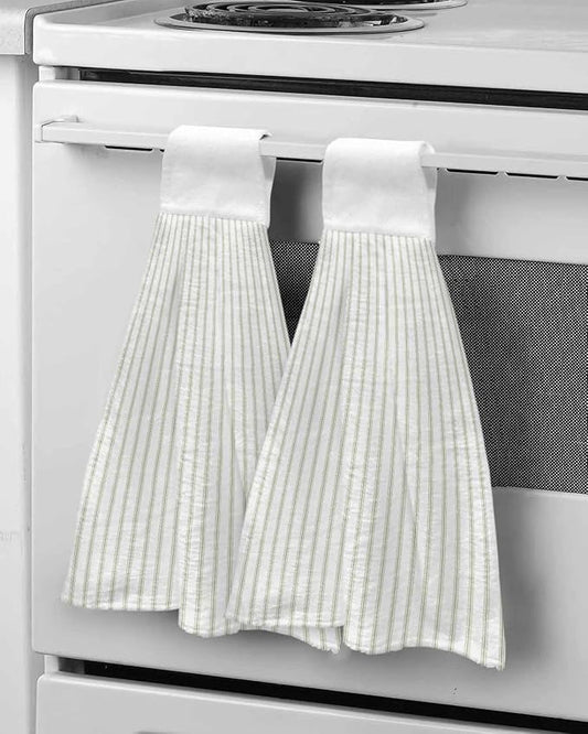 Alandar Home Kitchen Tie Towel Set of 2, Sage Green Striped on White Art Absorbent Soft Hand Towels for Bathroom Hanging Towels, Minimalist Modern Texture Fast Drying Cleaning Cloth with Loop