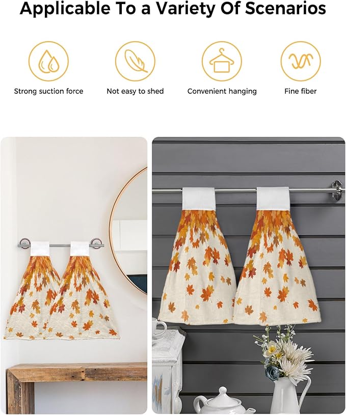 Alandar Home Kitchen Tie Towel Set of 1, Vintage Autumn Maple Leaves Absorbent Soft Hand Towels for Bathroom Hanging Towels, Countryside Farm Plants Fast Drying Cleaning Cloth with Loop