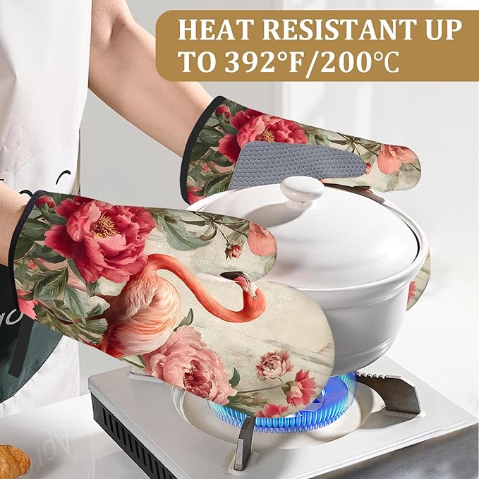 Pink Flamingo Floral Oven Mitts and Pot Holders Sets 4Pcs Vintage Animal Silicone Kitchen Gloves Heat Resistant Potholders for Baking Cooking Grilling BBQ