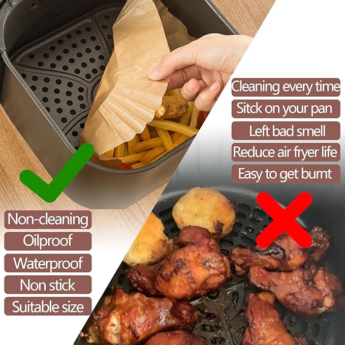 UBeesize XL 10 Inch Air Fryer Paper Liners,150 PCS Parchment Paper, Air Fryer Disposable Paper Liner for Microwave, Non-Stick Air Fryer Liners Square Free of Bleach （Bottom size 9 Inch）