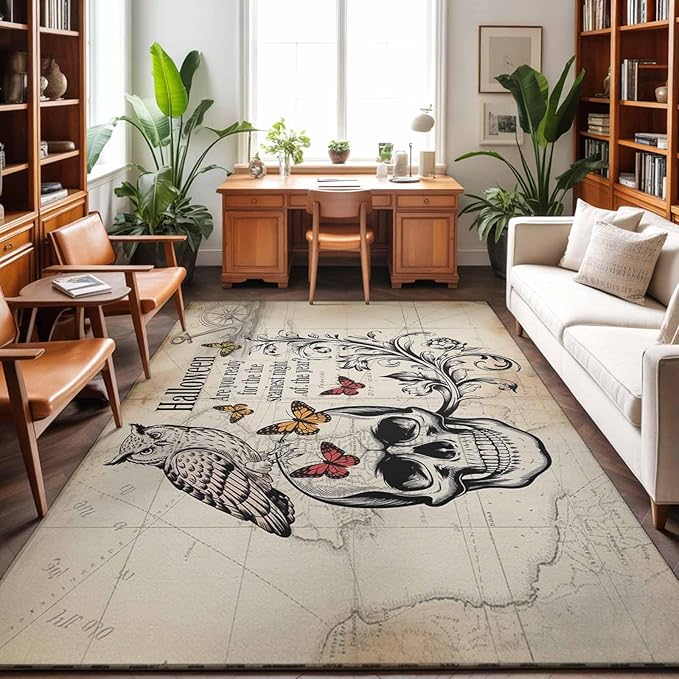 Area Rug 4x6ft, Halloween Skull Owls on Vintage Washable Rugs for Living Room Bedroom, Retro Butterflies Flower Soft Non-Slip Area Rugs Rectangle Floor Carpet for Dining Room