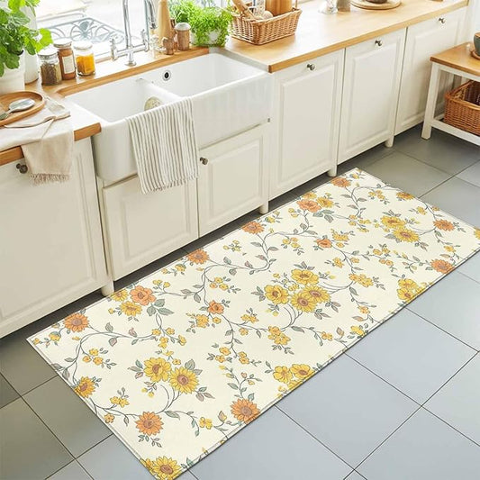 Runner Rug for Bedroom Hallway, Orange Yellow Flowers Wild Vines Kitchen Runner Rugs Area Rug 2x6ft, Watercolor Floral Washable Soft Floor Carpet for Entryway Stair