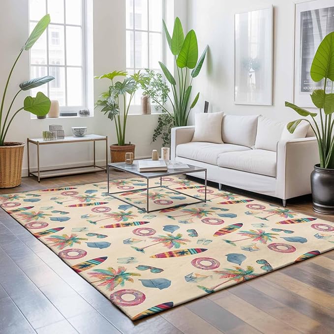 Area Rug 8x10ft, Summer Surfboard Coconut Tree Washable Rugs for Living Room Bedroom, Coastal Vintage Plants Soft Non-Slip Area Rugs Rectangle Floor Carpet for Dining Room