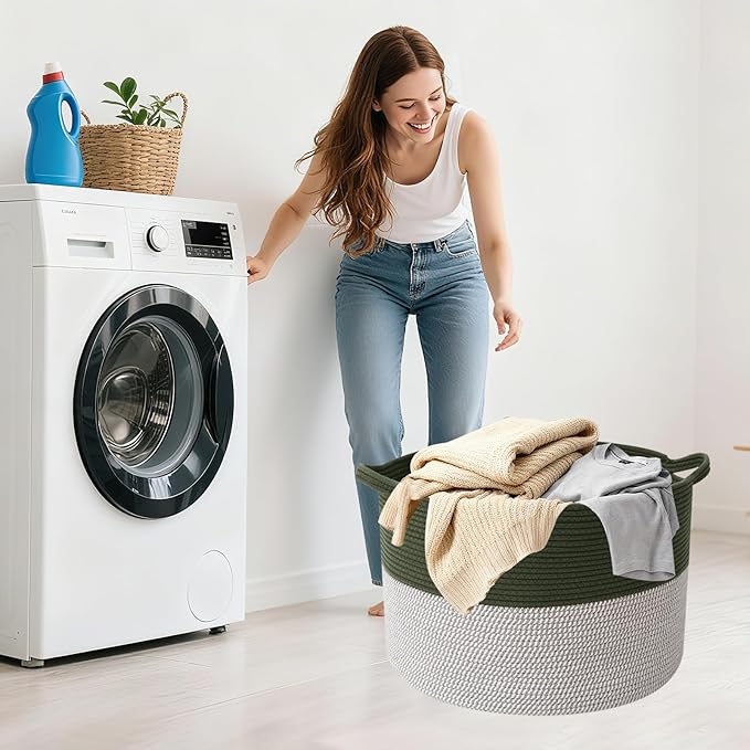 65L Large Blanket Basket,Woven Rope Laundry Basket Hamper with Handles,Decorative Nursery Basket Storage Bin for Toys, Pillows , Clothes Organizer, Living Room, Bedroom, Bathroom, Green&White