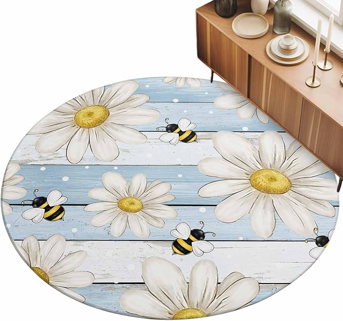 Washable Round Area Rug Watercolor White Daisy Floral Bee Circle Rugs Floor Carpet for Living Room Bedroom, Rustic Light Blue Wood Plank Soft Non Slip Round Rug 3ft