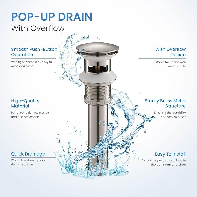 KIBI Bathroom Sink Pop-Up Drain with Overflow (Full Cover) in Brushed Nickel | Lavatory Vanity Drain Stopper | Durable Leak-Proof Sink Drain for Bathroom, Kitchen, and Lavatories (KPW102)