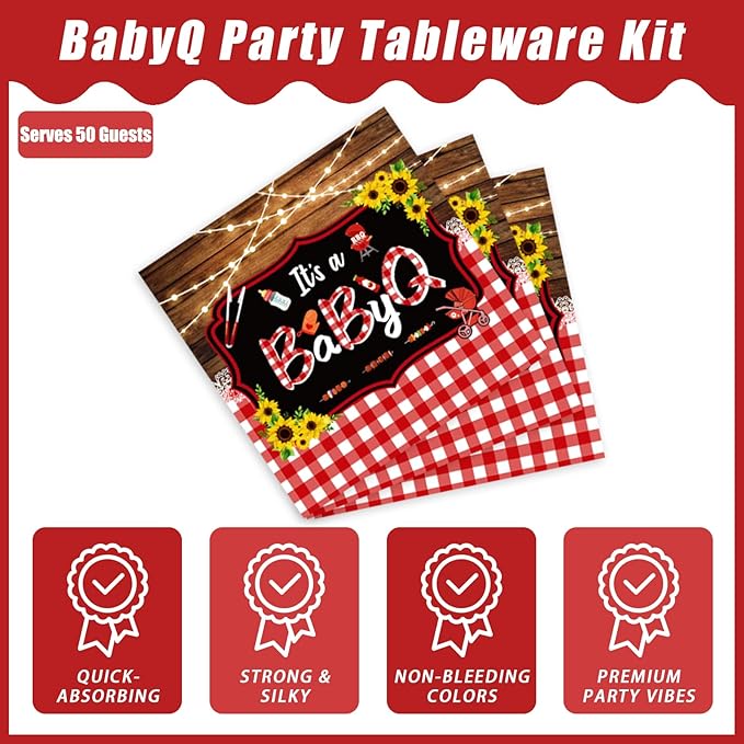 200Pcs BBQ Baby Shower Decorations, It’s A BabyQ Party Plates and Napkins Supplies Set Sunflower Rustic Wood Barbecue Baby Shower Gender Reveal Picnic Party Disposable Tableware Kit, Serves 50