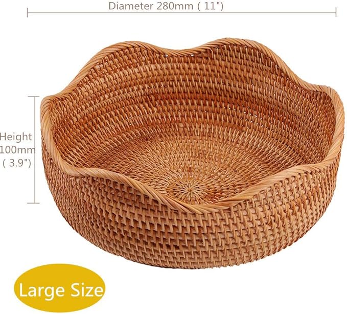 Handmade Rattan Round Fruit Basket Food Storage Organizer Snack Serving Tray Basket with 3' Deep Wall, Boho Decor Display Tray Bowl (3-Size Kit)