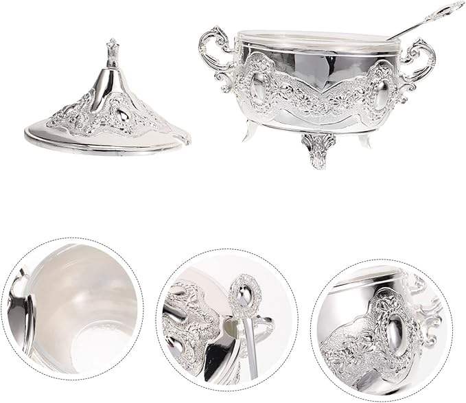 OSALADI Elegant Seasoning Box Ornament Zinc Alloy Silver Condiment Dish for Kitchen Decor
