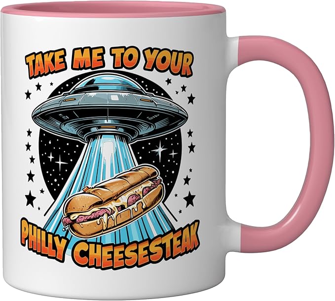 Take Me to Your Philly Cheesesteak UFO Philly Cheesesteak Ceramic Mug, Pink/White