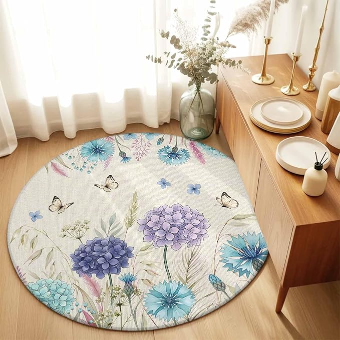 Washable Round Area Rug Farm Blossom Floral Hydrangea Circle Rugs Floor Carpet for Living Room Bedroom, Watercolor Butterfly on Linen Soft Non Slip Round Rug 3ft