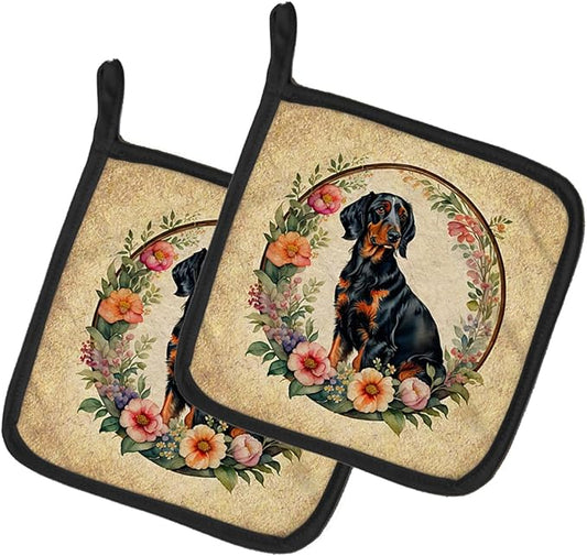 Caroline's Treasures Gordon Setter and Flowers Pair of Pot Holders Kitchen Heat Resistant Pot Holders Sets Oven Hot Pads for Cooking Baking BBQ, 7 1/2 x 7 1/2