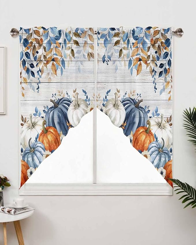 Blue White Orange Pumpkins Eucalyptus Leaves Fall Swag Valance Curtains Autumn Thanksgiving Vintage Wood Grain Rod Pocket Kitchen Curtains, Scalloped Window Treatment Valances, 1 Pair, 28"W x 36"L