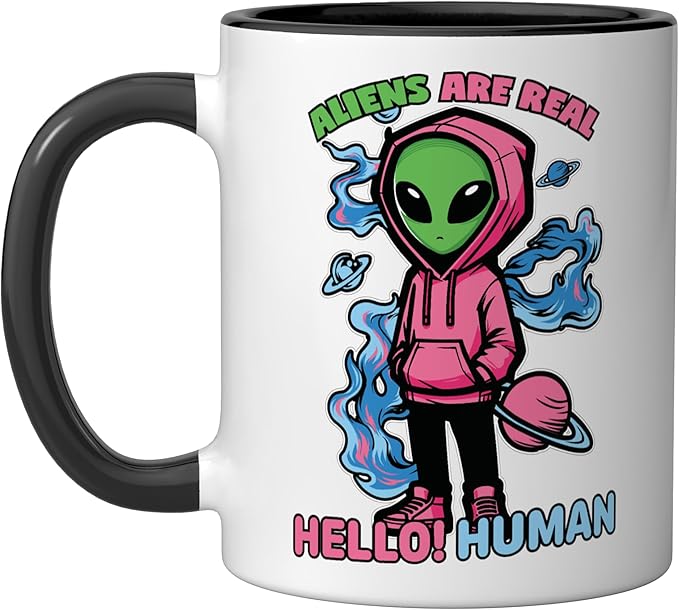 Aliens Are Real UFO Flying Saucer Grey Alien Sci-Fi Art Ceramic Mug, Black/White