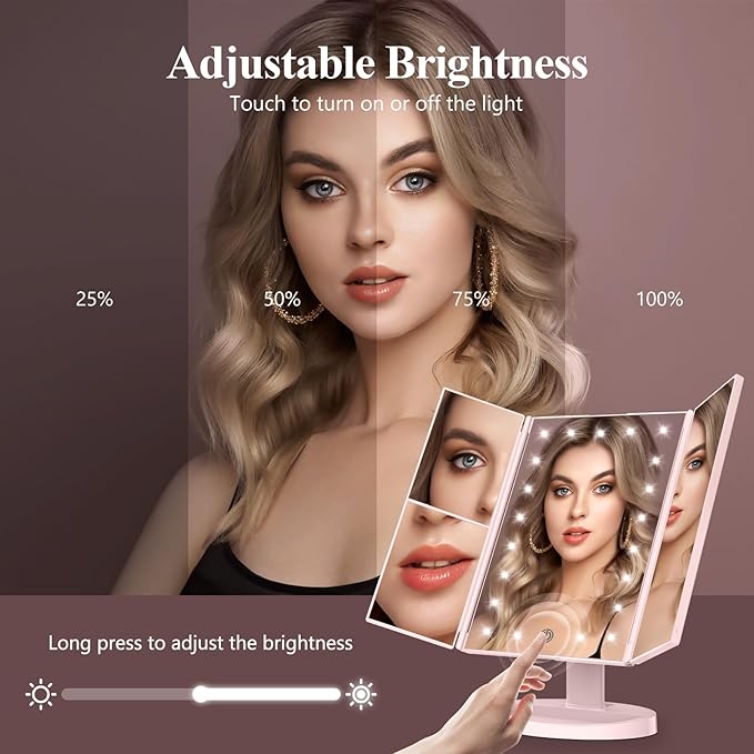 HUONUL Makeup Mirror, Vanity Mirror with Lights, 2X/3X/10X Magnification, Touch Control, Trifold Mirror, Dual Power Supply, Mothers Day for Mom Gifts,Gifts for Women, Wife, Mom, Teengirls