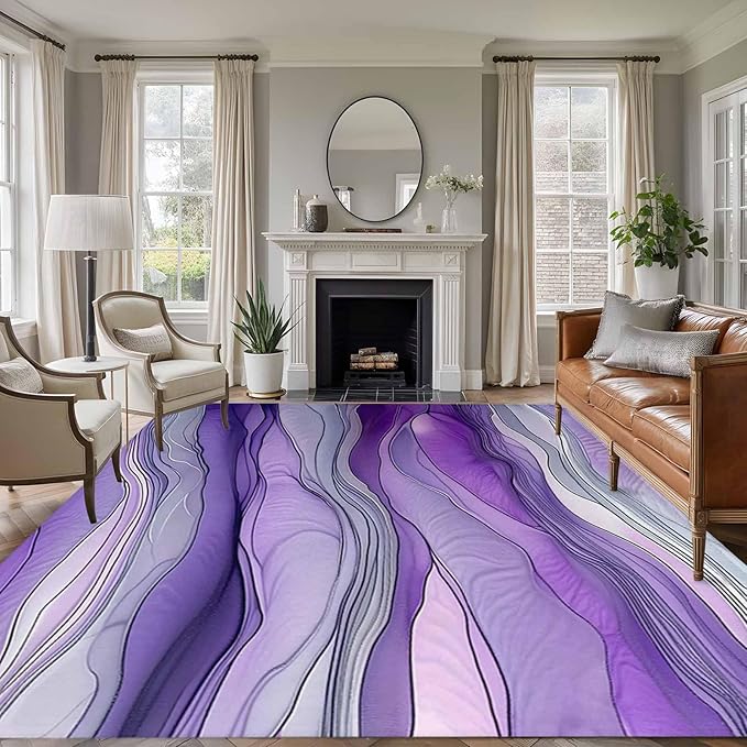Area Rug 6x9ft, Abstract Art Purple Gray Wave Washable Rugs for Living Room Bedroom, Vintage Marble Texture Soft Non-Slip Area Rugs Rectangle Floor Carpet for Dining Room