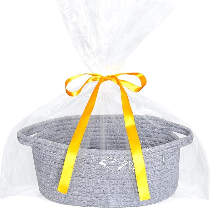 ABenkle Small Basket, 12"x 8" x 5" Cute Small Woven Basket, Rope Room Shelf Storage Basket, Cat Dog Toys Basket Chest Box, Decorative Empty Gift Basket with Handles - All Gray