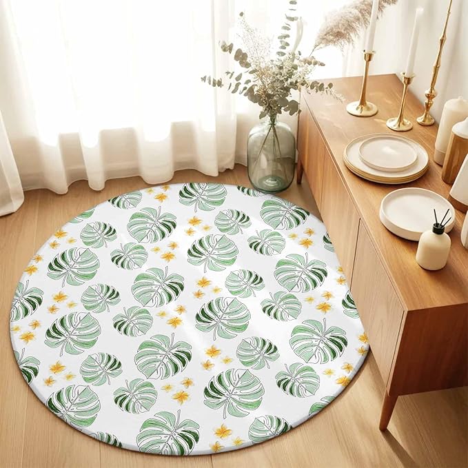 Washable Round Area Rug Summer Palm Leaves Pattern Circle Rugs Floor Carpet for Living Room Bedroom, Scattered Starburst Flowers Soft Non Slip Round Rug 5ft